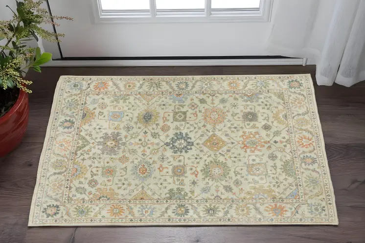 2' X 3' Beige And Green Wool Oriental Hand Knotted Area Rug With Fringe