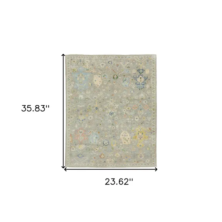 2' X 3' Gray Blue And Yellow Wool Oriental Hand Knotted Area Rug With Fringe