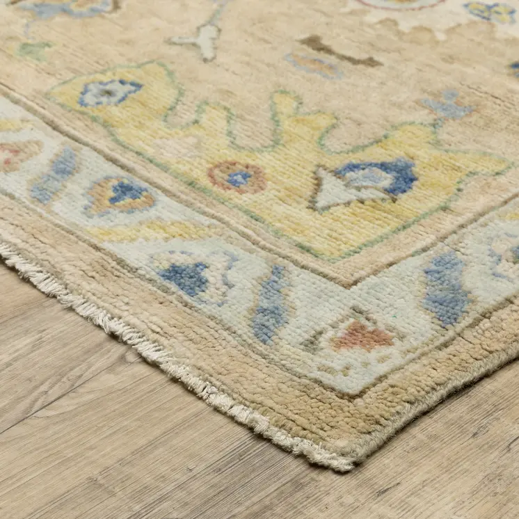 2' X 3' Beige Blue And Yellow Wool Oriental Hand Knotted Area Rug With Fringe