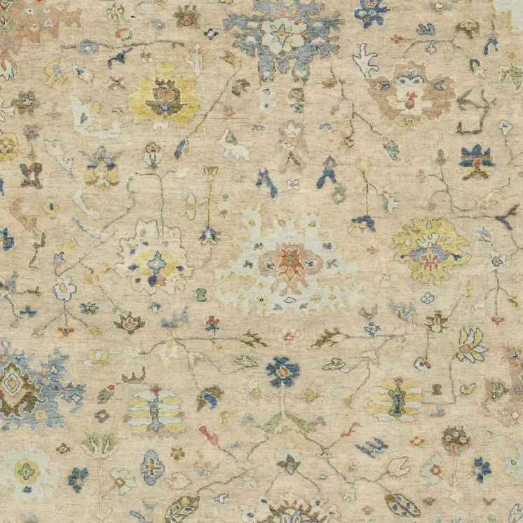 2' X 3' Beige Blue And Yellow Wool Oriental Hand Knotted Area Rug With Fringe