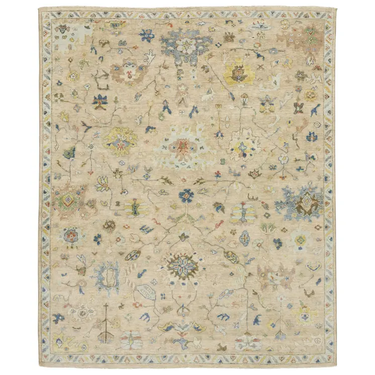 2' X 3' Beige Blue And Yellow Wool Oriental Hand Knotted Area Rug With Fringe