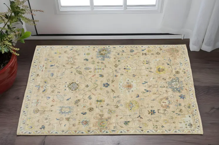 2' X 3' Beige Blue And Yellow Wool Oriental Hand Knotted Area Rug With Fringe