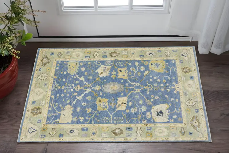 2' X 3' Blue And Green Wool Oriental Hand Knotted Area Rug With Fringe