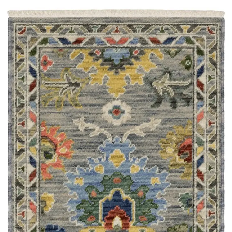 6' Gray Blue And Green Oriental Runner Rug With Fringe