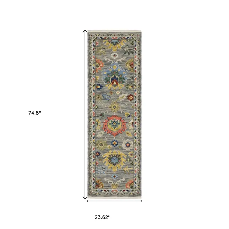 6' Gray Blue And Green Oriental Runner Rug With Fringe