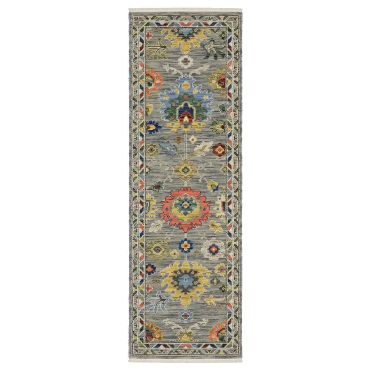 6' Gray Blue And Green Oriental Runner Rug With Fringe