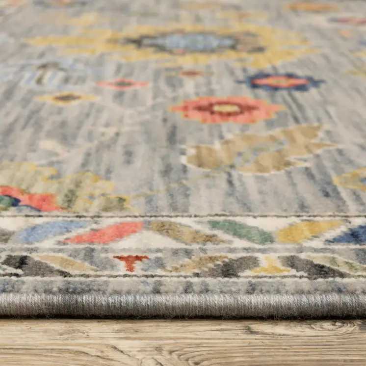 6' Gray Blue And Green Oriental Runner Rug With Fringe