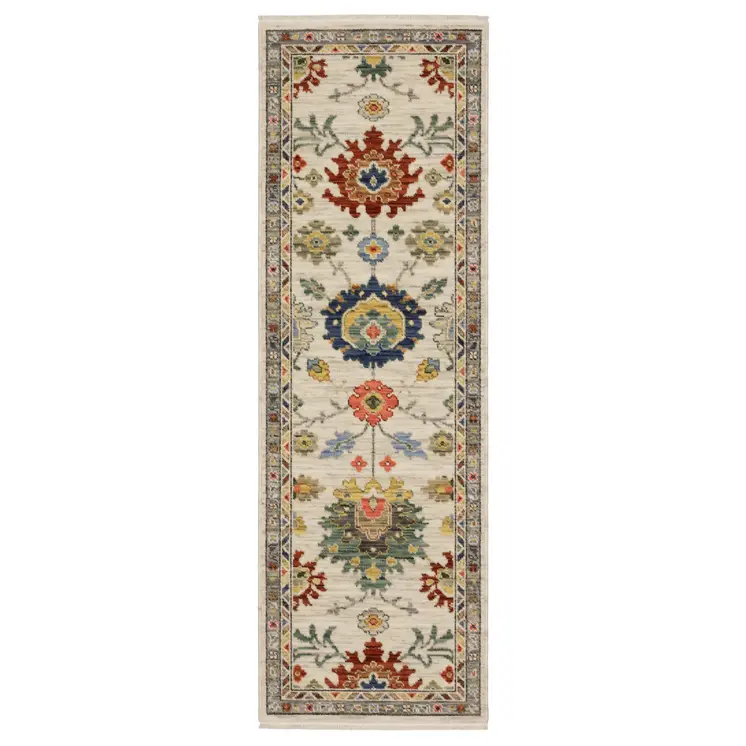 6' Ivory Red And Blue Oriental Runner Rug With Fringe