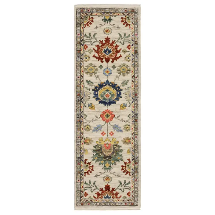 6' Ivory Red And Blue Oriental Runner Rug With Fringe