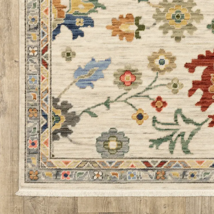 6' Ivory Red And Blue Oriental Runner Rug With Fringe