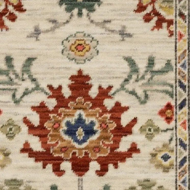 6' Ivory Red And Blue Oriental Runner Rug With Fringe