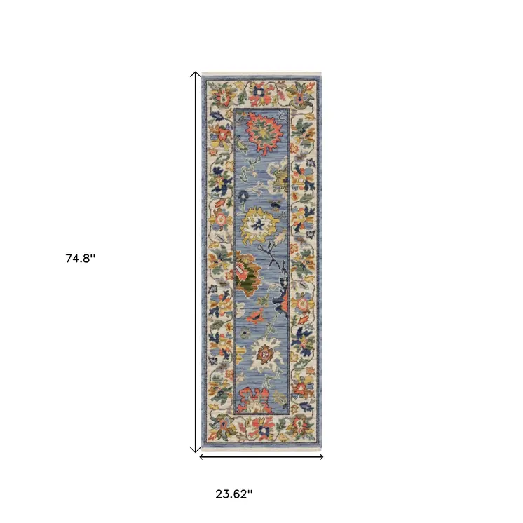 6' Blue Green And Ivory Oriental Runner Rug With Fringe