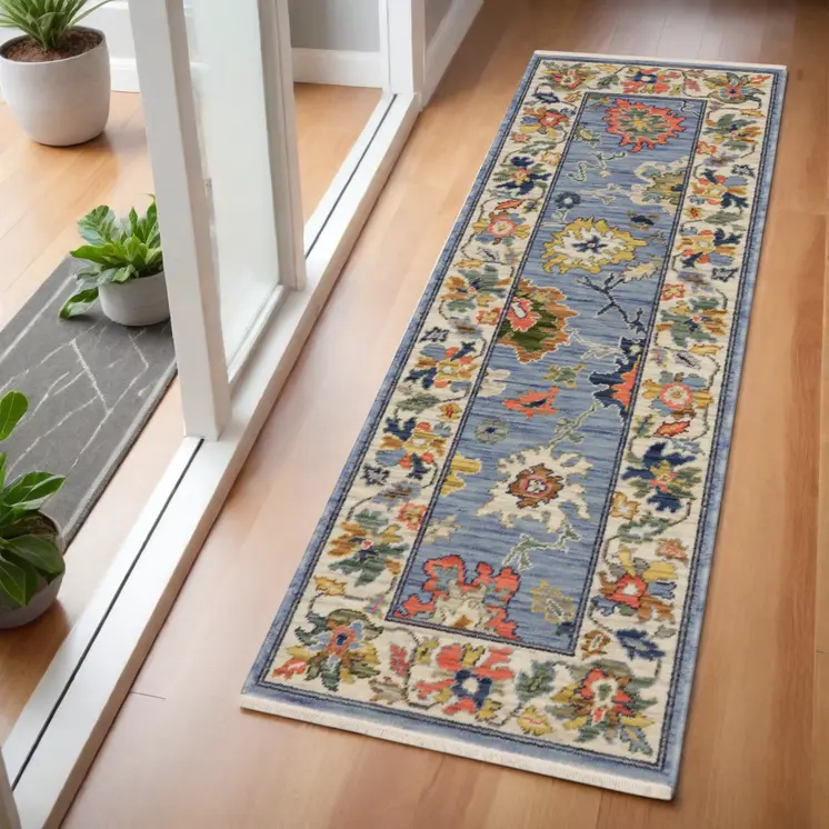 6' Blue Green And Ivory Oriental Runner Rug With Fringe