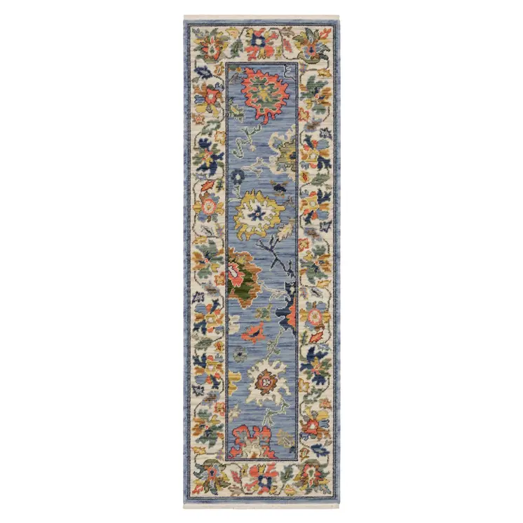 6' Blue Green And Ivory Oriental Runner Rug With Fringe