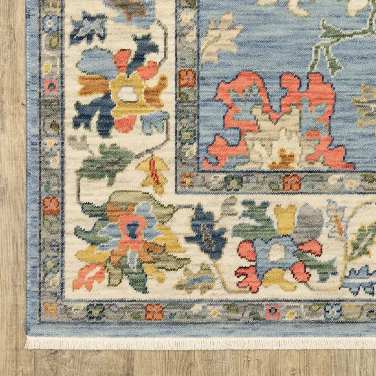6' Blue Green And Ivory Oriental Runner Rug With Fringe