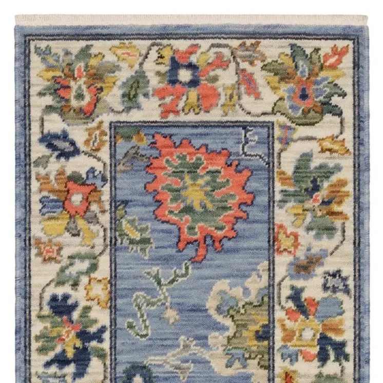 6' Blue Green And Ivory Oriental Runner Rug With Fringe