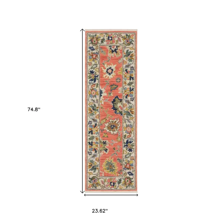 6' Salmon Blue And Yellow Oriental Runner Rug With Fringe