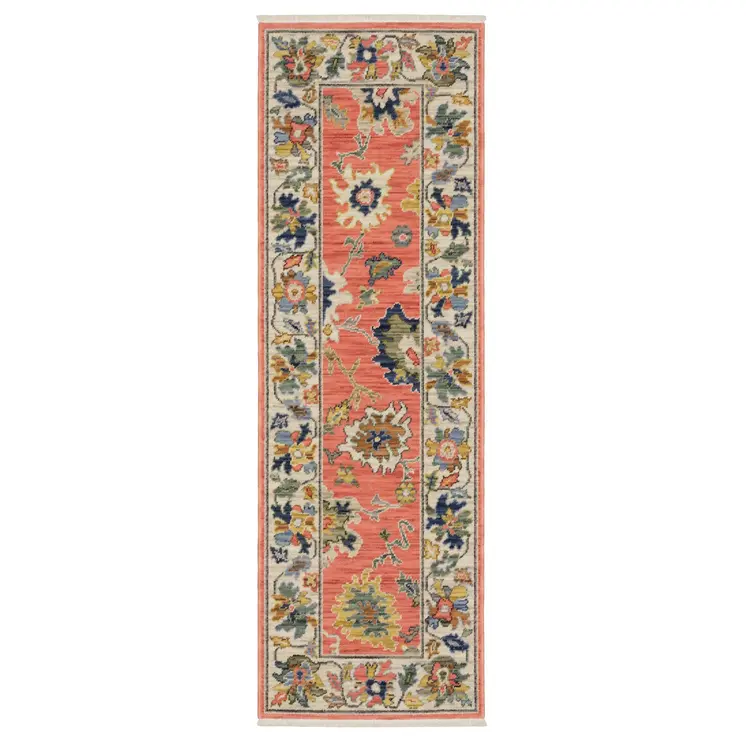 6' Salmon Blue And Yellow Oriental Runner Rug With Fringe