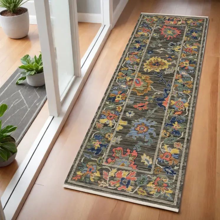 6' Gray Yellow And Blue Oriental Runner Rug With Fringe