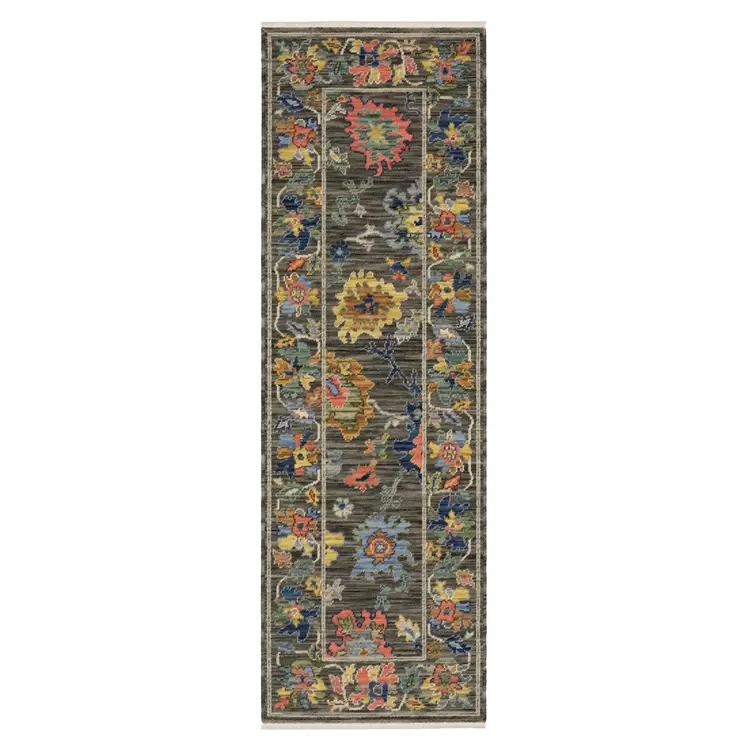 6' Gray Yellow And Blue Oriental Runner Rug With Fringe