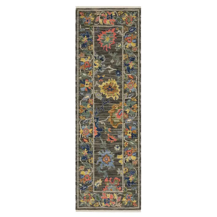 6' Gray Yellow And Blue Oriental Runner Rug With Fringe