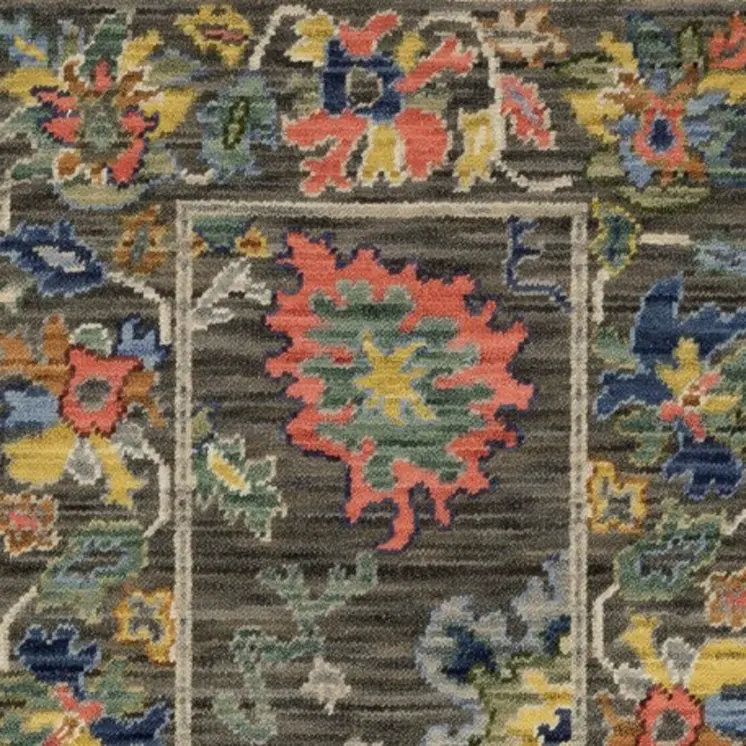 6' Gray Yellow And Blue Oriental Runner Rug With Fringe