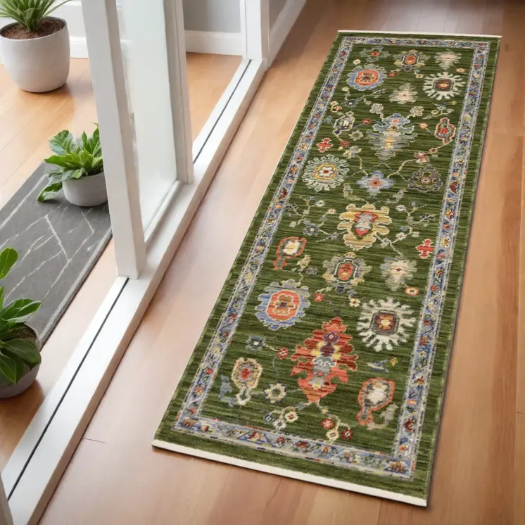 6' Green Gray And Light Blue Oriental Runner Rug With Fringe