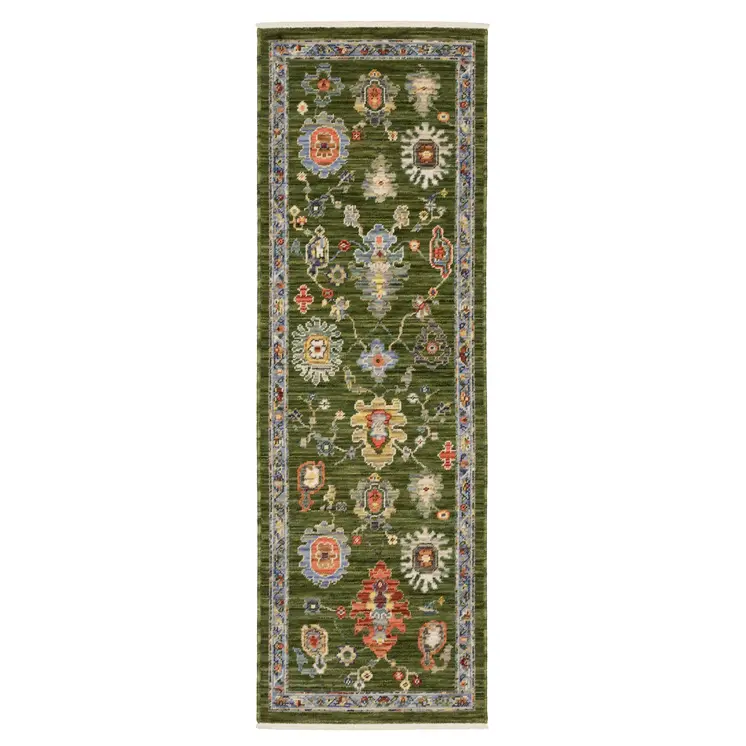 6' Green Gray And Light Blue Oriental Runner Rug With Fringe