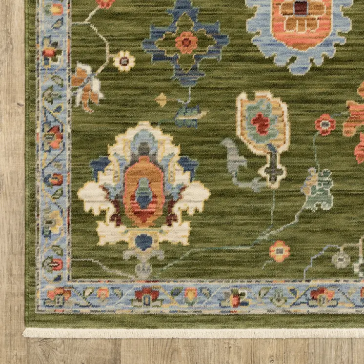 6' Green Gray And Light Blue Oriental Runner Rug With Fringe