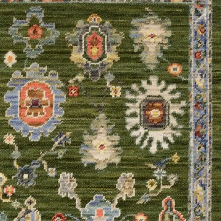 6' Green Gray And Light Blue Oriental Runner Rug With Fringe