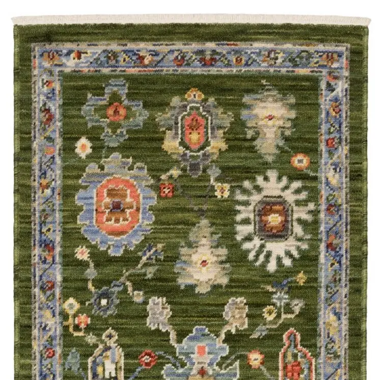 6' Green Gray And Light Blue Oriental Runner Rug With Fringe
