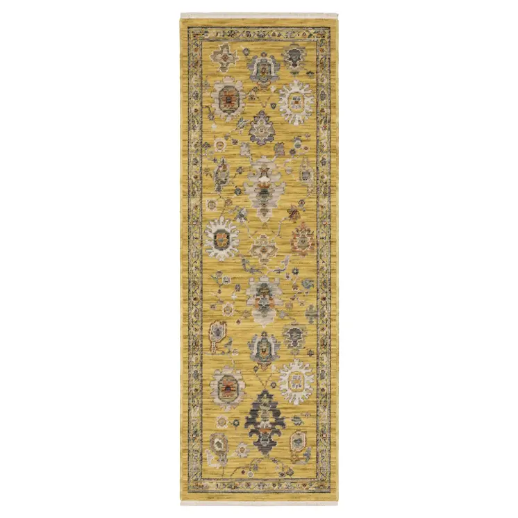 6' Yellow Ivory And Gray Oriental Runner Rug With Fringe