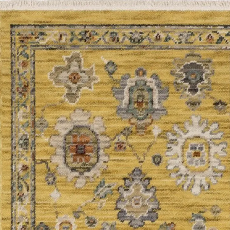 6' Yellow Ivory And Gray Oriental Runner Rug With Fringe