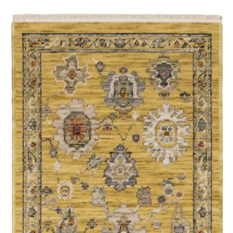 6' Yellow Ivory And Gray Oriental Runner Rug With Fringe