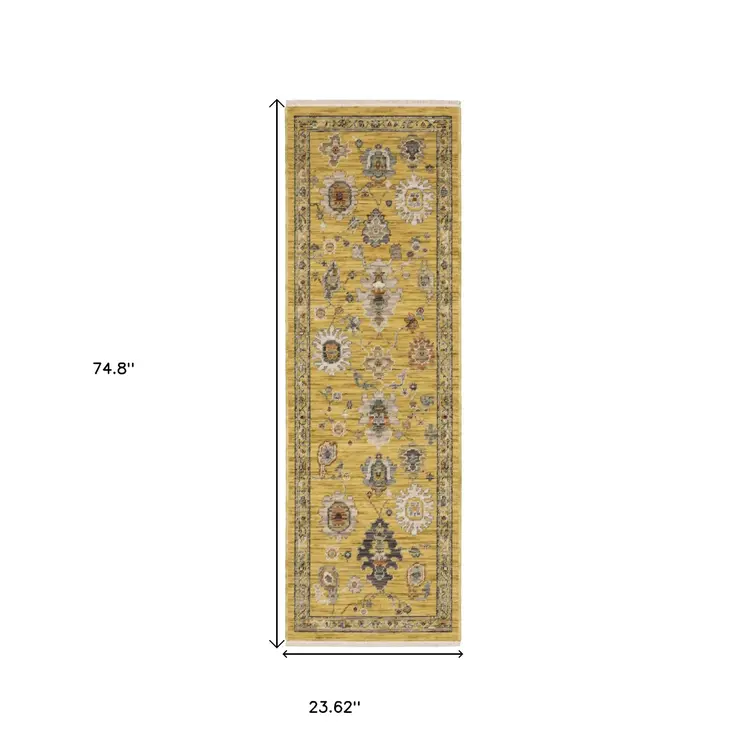 6' Yellow Ivory And Gray Oriental Runner Rug With Fringe