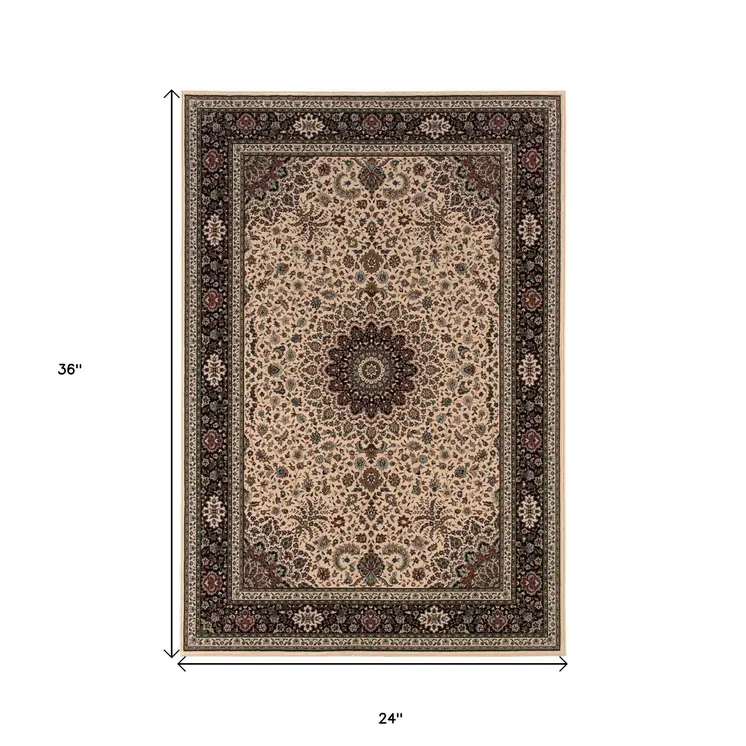 2' X 3' Ivory And Black Oriental Area Rug