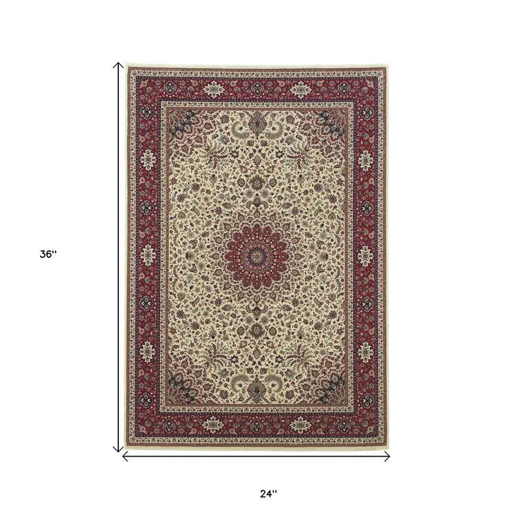 2' X 3' Ivory And Red Oriental Area Rug
