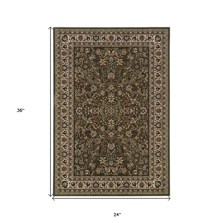 2' X 3' Green And Ivory Oriental Area Rug