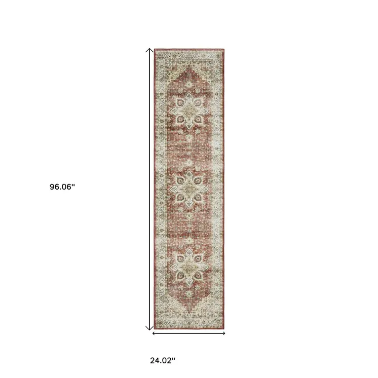 8' Red And Ivory Oriental Distressed Runner Rug