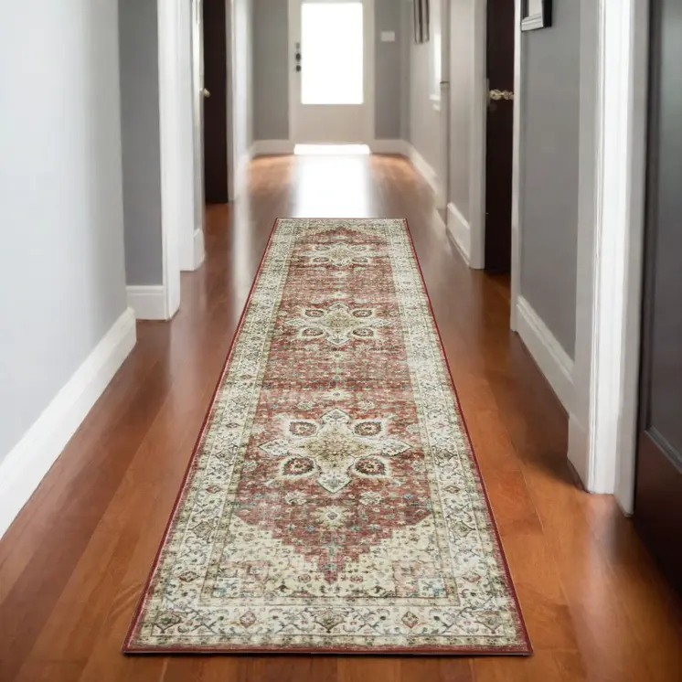 8' Red And Ivory Oriental Distressed Runner Rug