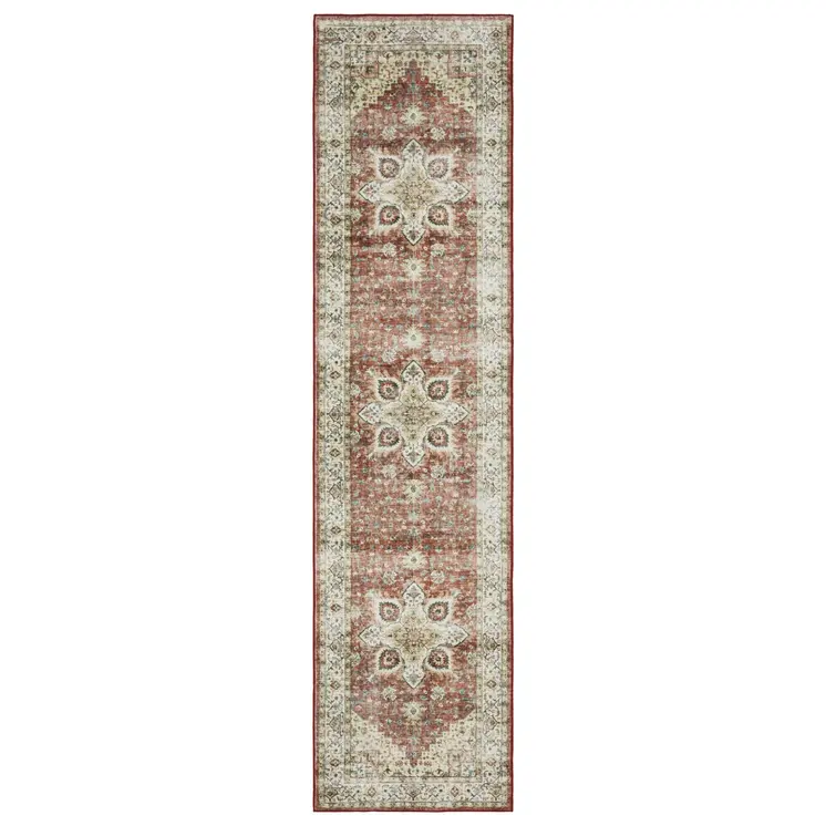 8' Red And Ivory Oriental Distressed Runner Rug