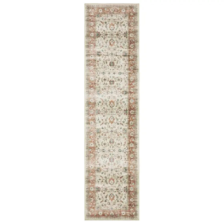 8' Ivory And Rust Oriental Distressed Runner Rug
