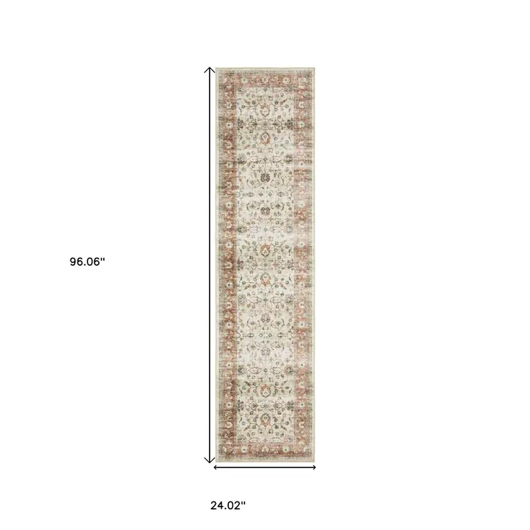 8' Ivory And Rust Oriental Distressed Runner Rug