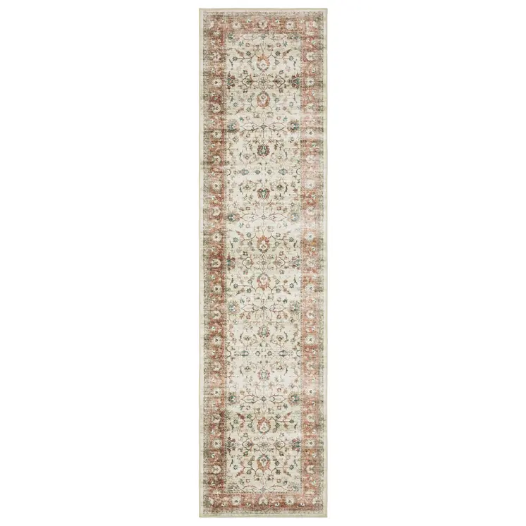 8' Ivory And Rust Oriental Distressed Runner Rug