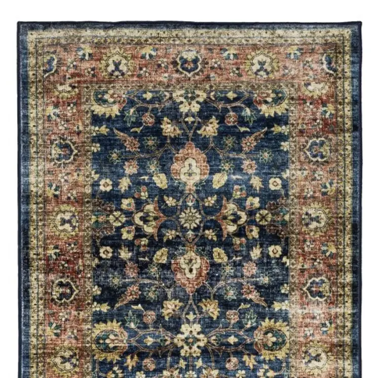 8' Blue And Rust Oriental Distressed Runner Rug