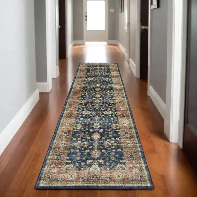 8' Blue And Rust Oriental Distressed Runner Rug