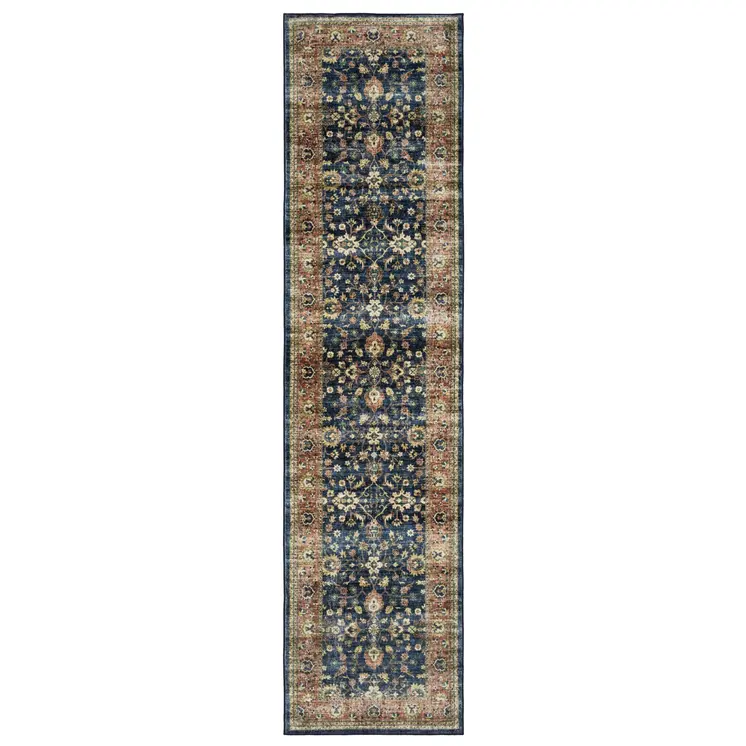 8' Blue And Rust Oriental Distressed Runner Rug