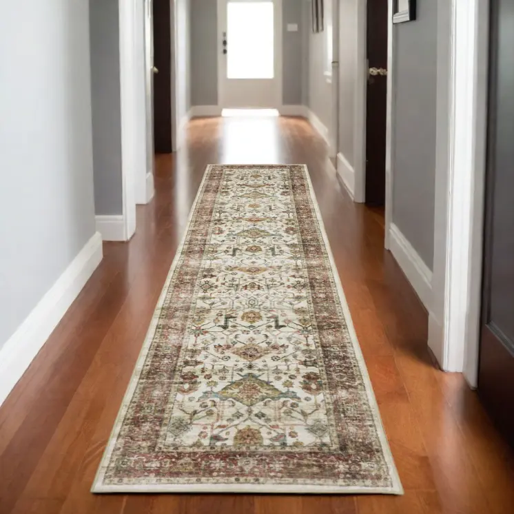 8' Ivory Oriental Distressed Runner Rug
