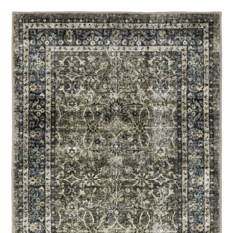 8' Charcoal And Blue Oriental Distressed Runner Rug