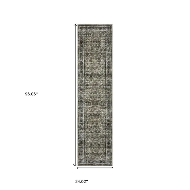8' Charcoal And Blue Oriental Distressed Runner Rug